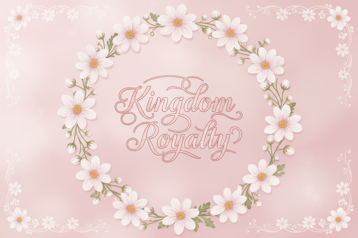 create a soft pink backdrop with cute flowers around the word Kingdom Royalty the flowers should be white daisies with a pink center